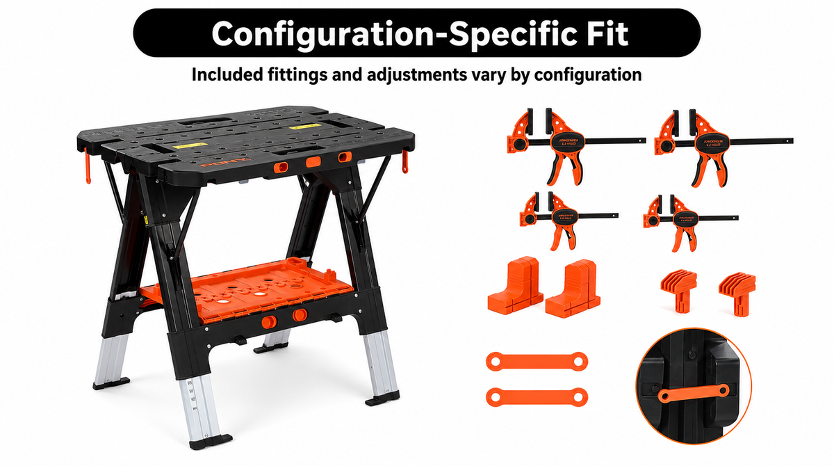 “Workbench pictured with four clamps, four bench dogs, and two straps; included fittings and adjustments vary by configuration.”