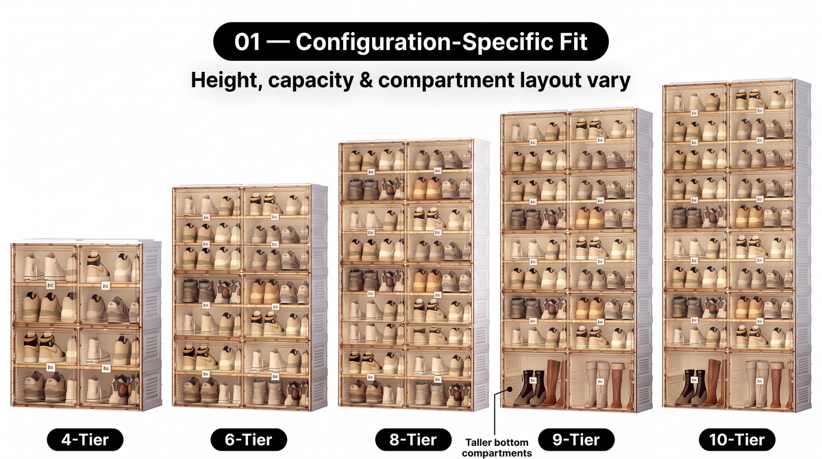 Five shoe cabinet configurations labeled 4, 6, 8, 9, and 10 tiers, with a callout for the nine-tier’s taller bottom compartments.