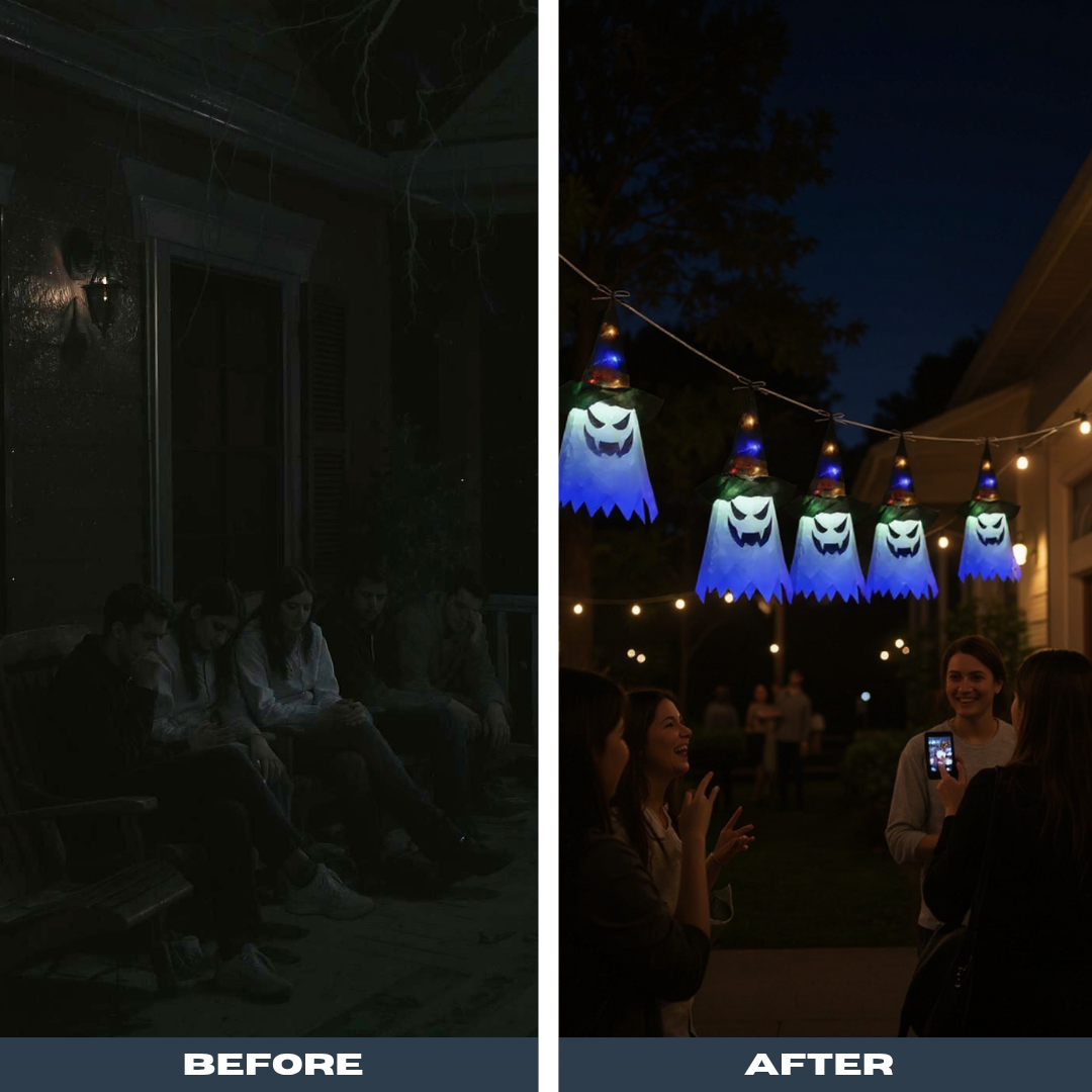 Halloween Ghost & Witch Hat Lantern String Lights – 11.6ft LED Outdoor Decorative Accent | Trufairs