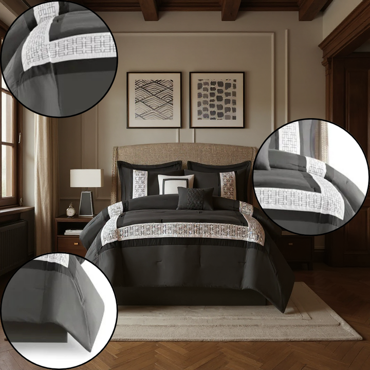 8-Piece Embroidered Comforter Set – Dark Grey King Luxury | Complete Designer Bedding | Trufairs