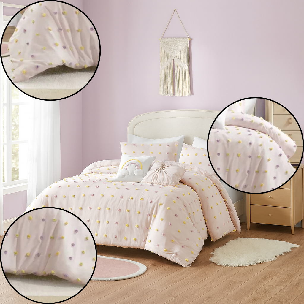Cotton Jacquard Pom Pom Comforter Set – 5-Piece Full/Queen Textured Softness | Trufairs