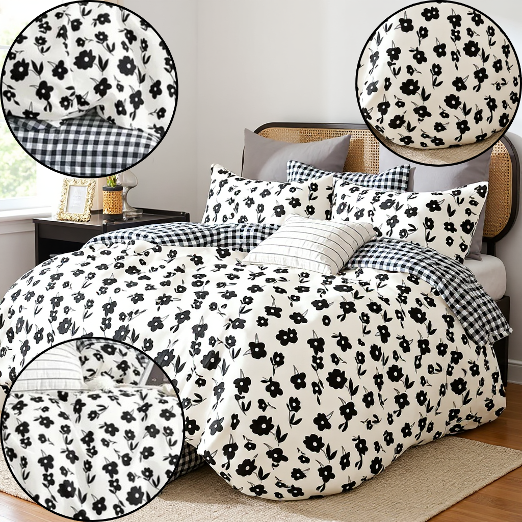 Hepburn Black & White Floral Cotton Reversible Comforter Set – Classic Modern Elegance | Trufairs