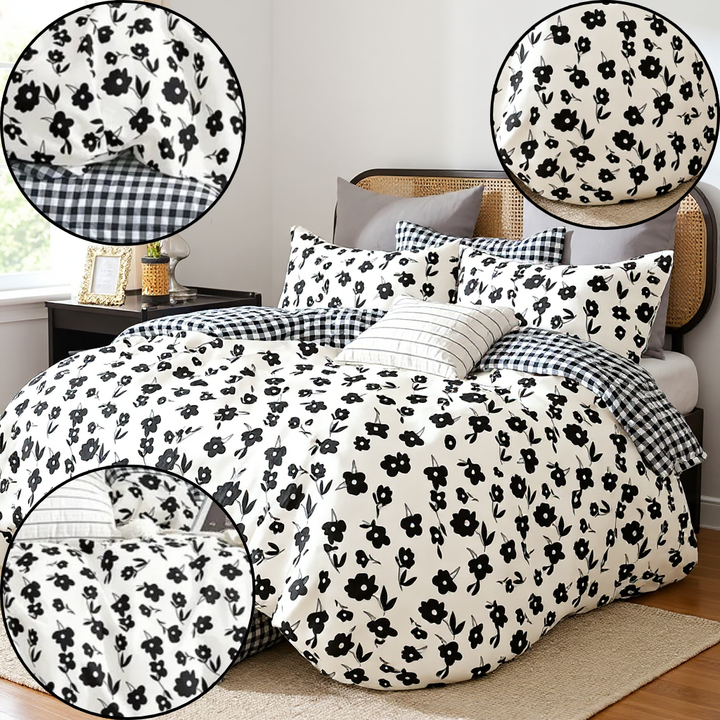 Hepburn Black & White Floral Cotton Reversible Comforter Set – Classic Modern Elegance | Trufairs
