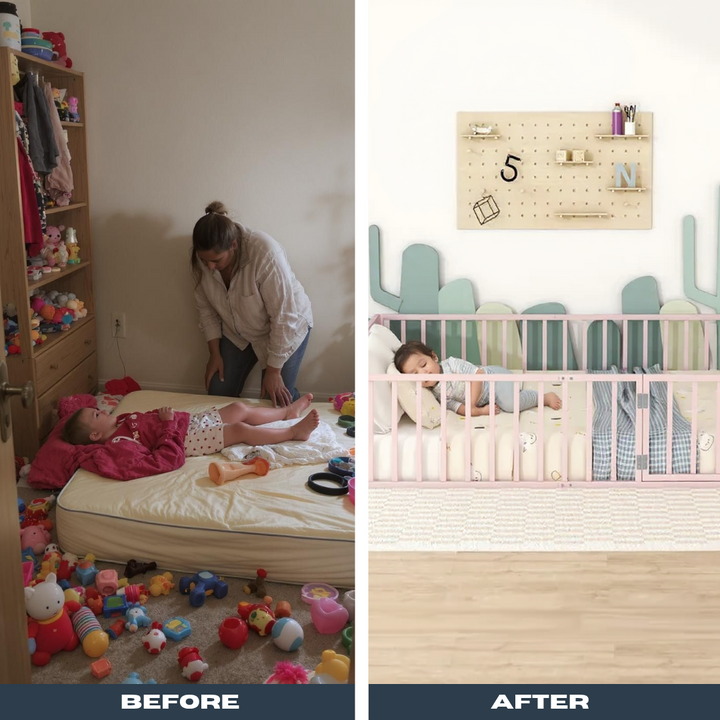 SafeNest Pink Floor Bed – Queen Metal Frame with Fence & Door | Kids Room | Trufairs