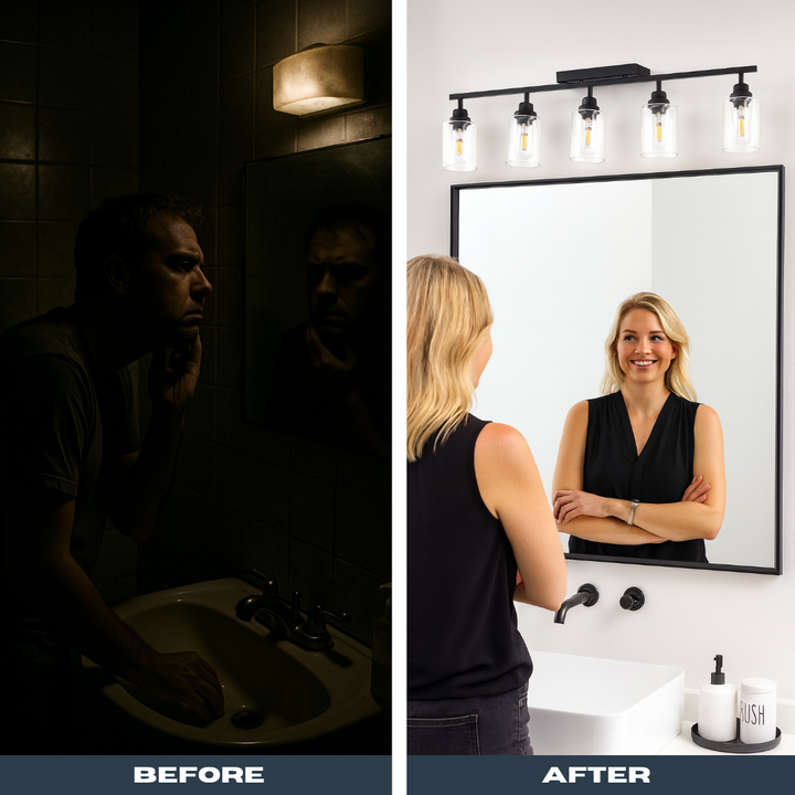 LumeFlex 5-Light Vanity Bar – Rotating Spotlights & Clear Glass Shades | Bathroom Lighting | Trufairs
