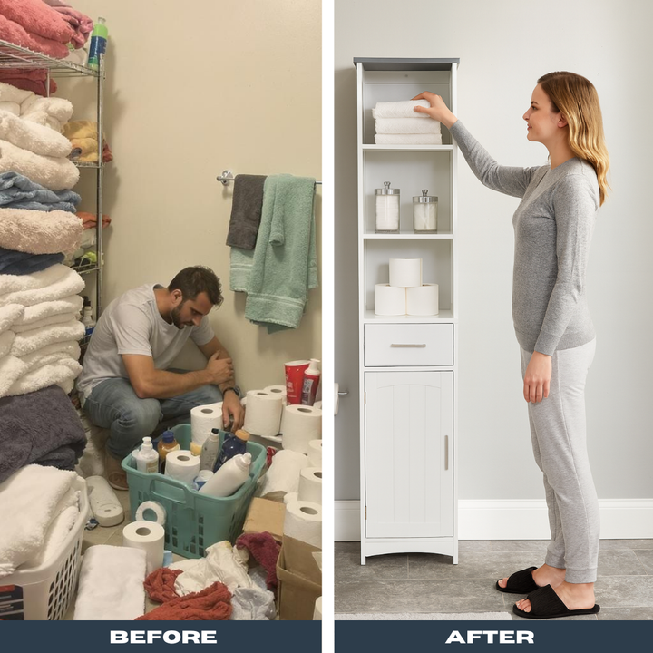 SlimSpace Tall Linen Cabinet – 3 Open Shelves & Door Storage | Freestanding Organizer | Trufairs