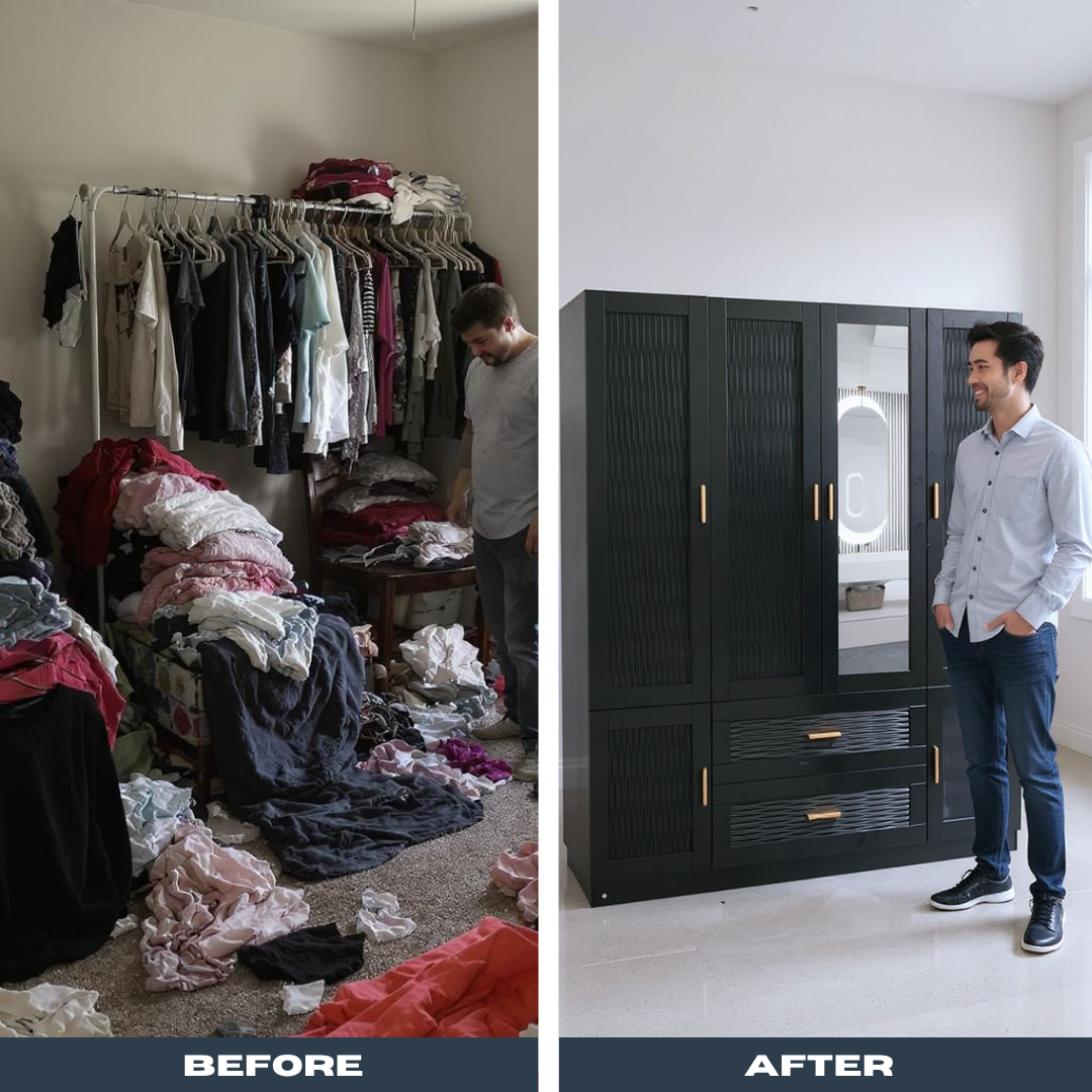 Modern Black Wardrobe – 3 Doors, Hanging Rods & Storage Drawers | Large Capacity Closet Cabinet | Trufairs