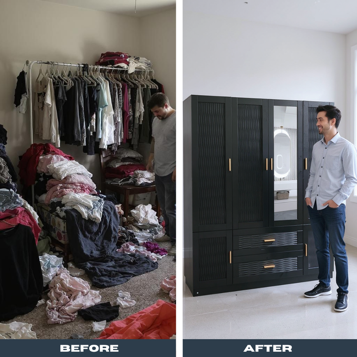 Modern Black Wardrobe – 3 Doors, Hanging Rods & Storage Drawers | Large Capacity Closet Cabinet | Trufairs