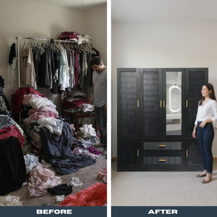 Modern Black Wardrobe – 3 Doors, Hanging Rods & Storage Drawers | Large Capacity Closet Cabinet | Trufairs
