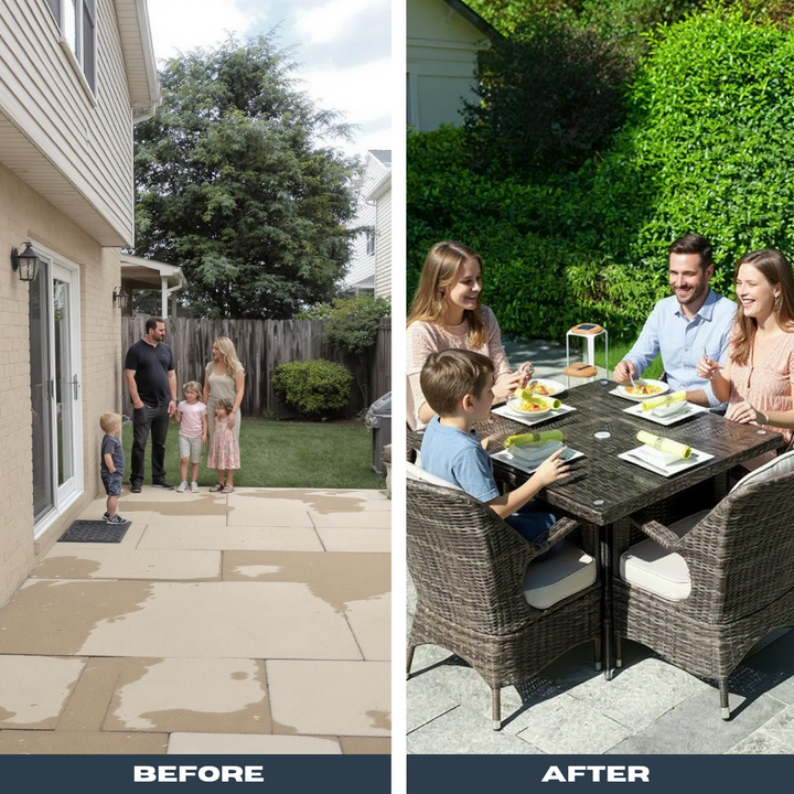 5-Piece Wicker Patio Dining Set – Square Glass Table, Cushions Included | Outdoor Rattan Furniture | Trufairs