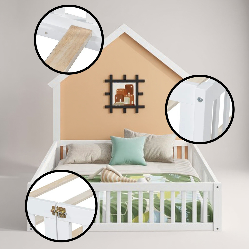 DreamHouse Full Bed – White Wood House Platform with Guardrail | Kids Safe Sleep | Trufairs