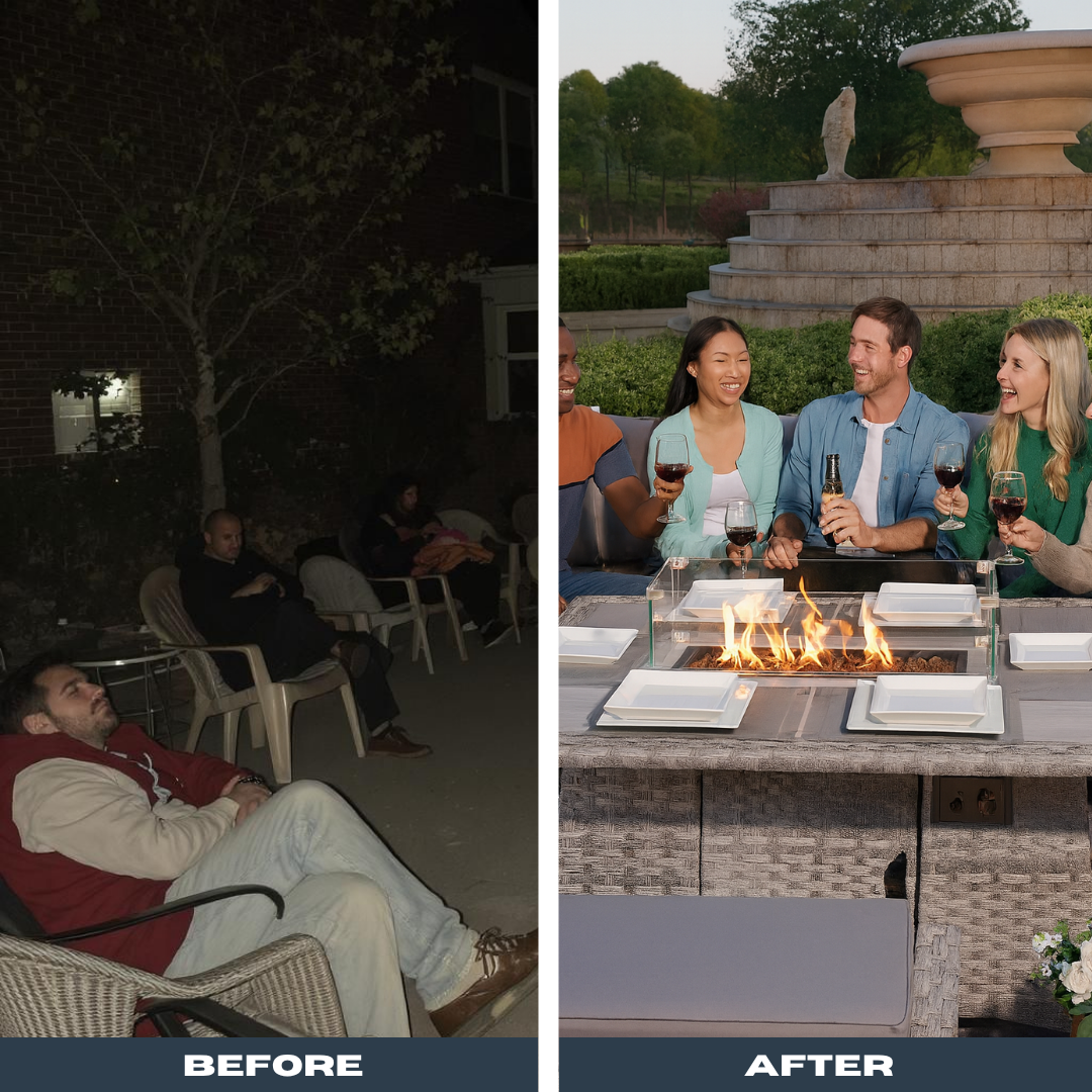 Modern Outdoor Wicker Sofa Set – Fire Pit Table & Ottoman | Patio Conversation | Trufairs