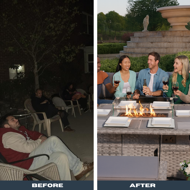 Modern Outdoor Wicker Sofa Set – Fire Pit Table & Ottoman | Patio Conversation | Trufairs
