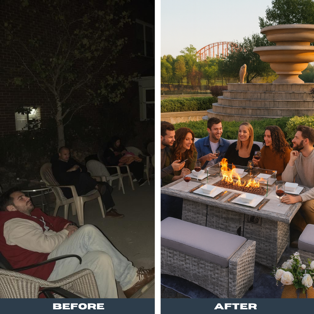 Modern Outdoor Wicker Sofa Set – Fire Pit Table & Ottoman | Patio Conversation | Trufairs