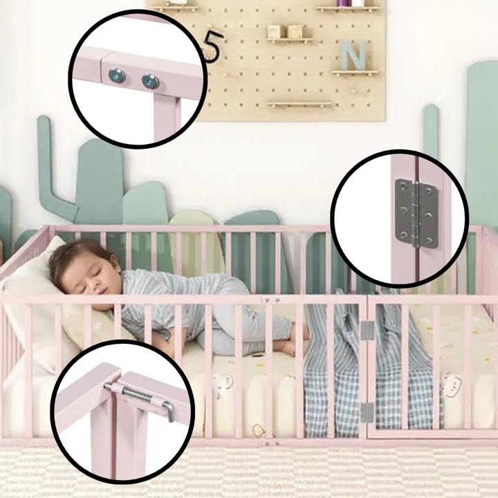 SafeNest Pink Floor Bed – Queen Metal Frame with Fence & Door | Kids Room | Trufairs