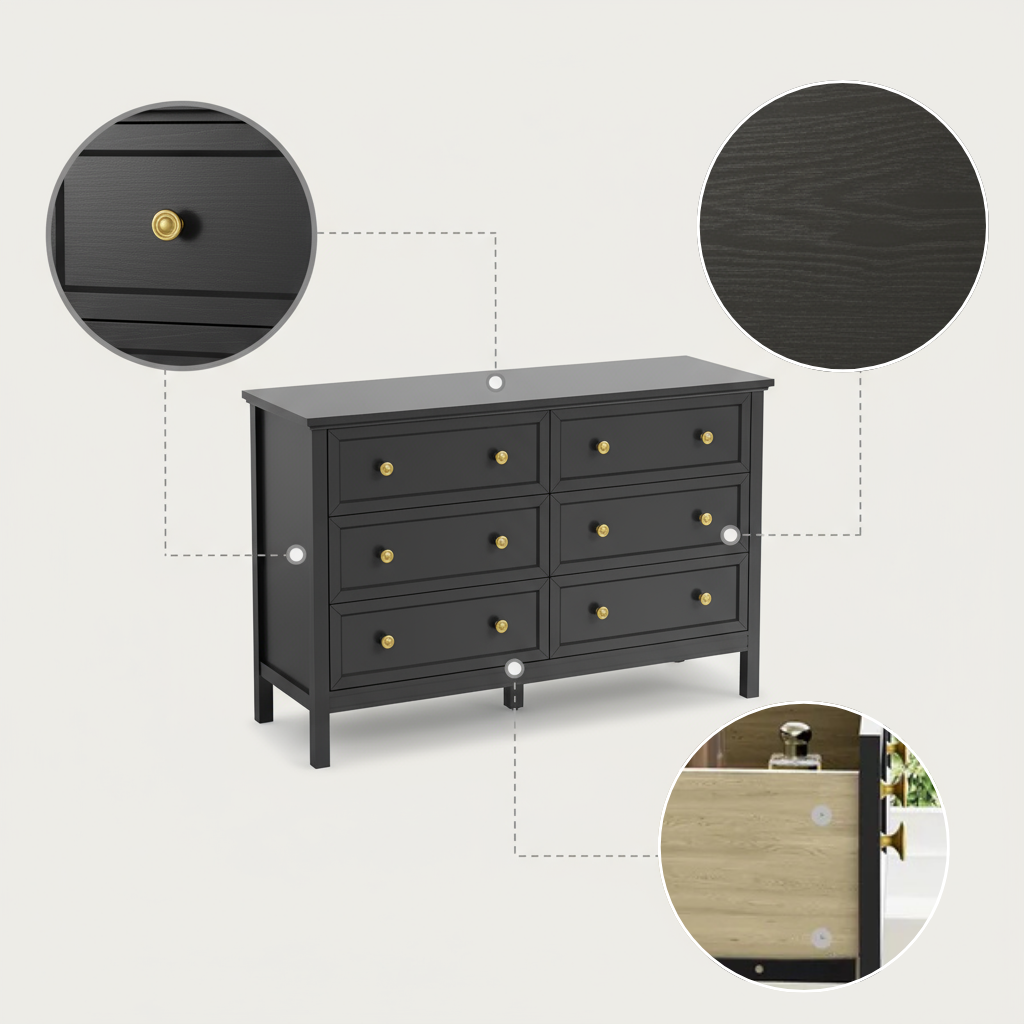 Modern 6 Drawer Dresser – Stylish Wood Storage Cabinet with Black Handles | Bedroom & Living Room Furniture | Trufairs