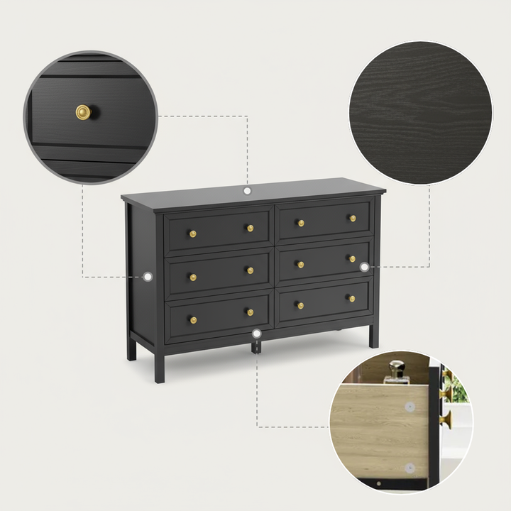 Modern 6 Drawer Dresser – Stylish Wood Storage Cabinet with Black Handles | Bedroom & Living Room Furniture | Trufairs