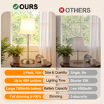 Cordless rechargeable table lamp with fabric shade, 4000mAh battery and three-level touch dimming from 30% to 100%.