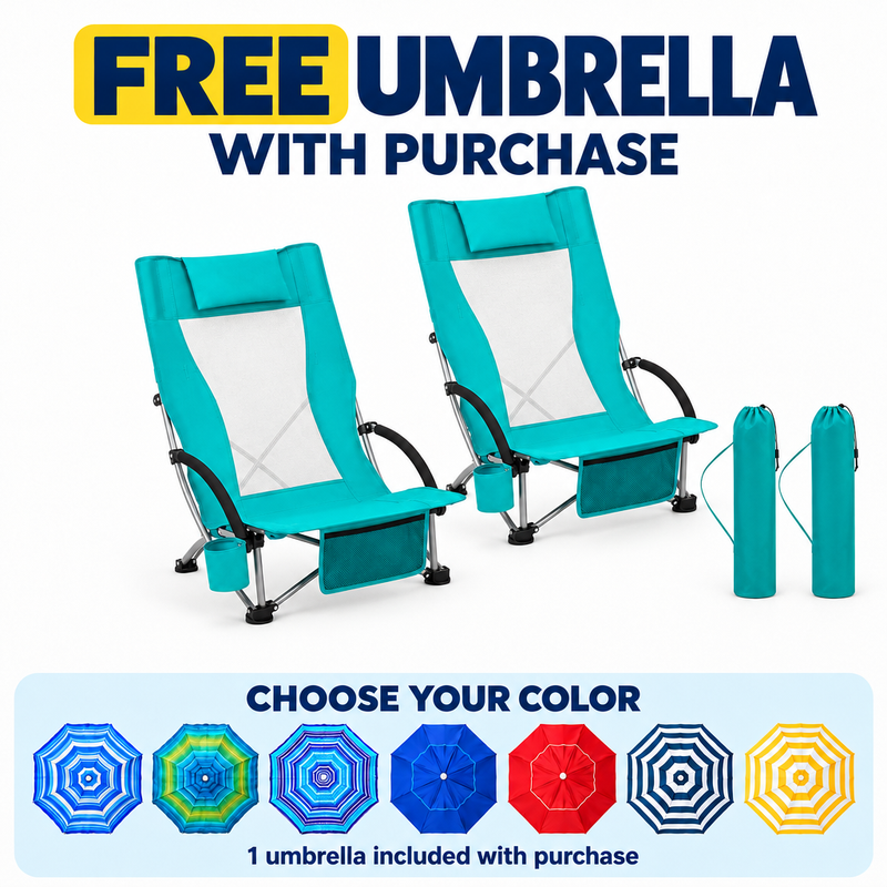Folding Beach Chairs 2-Pack – Mesh Back with Cup Holders