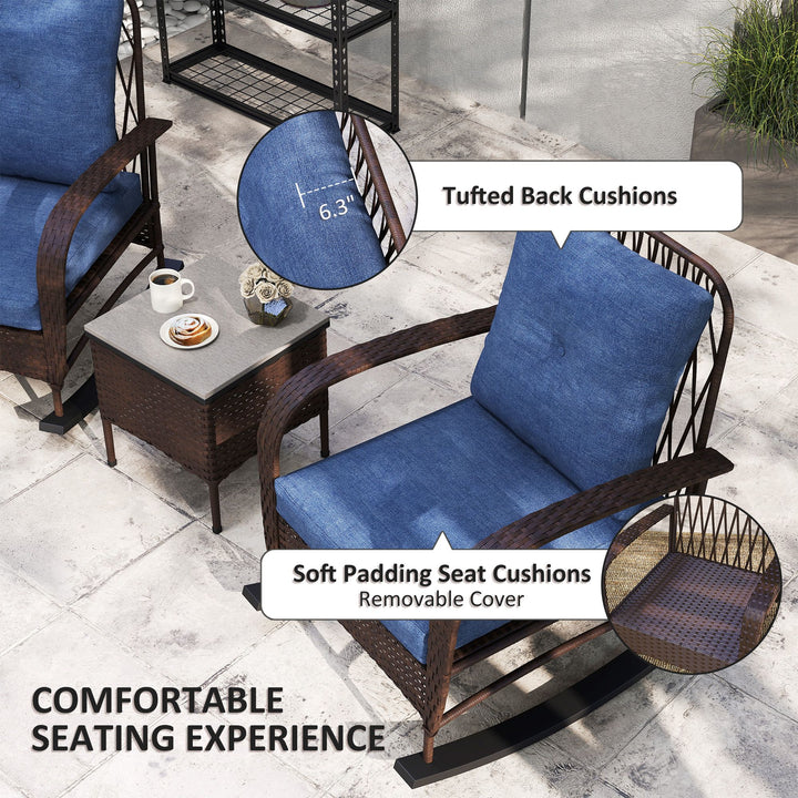 Outsunny 3 Pieces Wicker Patio Furniture Set, Outdoor PE Rattan Rocking Chairs with Coffee Table, Cushions for Porch, Brown