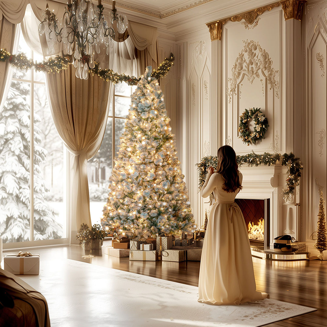 HOMCOM 9 ft Prelit Christmas Tree with 750 Clear Lights, Flocked, 2387 Tips, Metal Stand for Home Office Holiday