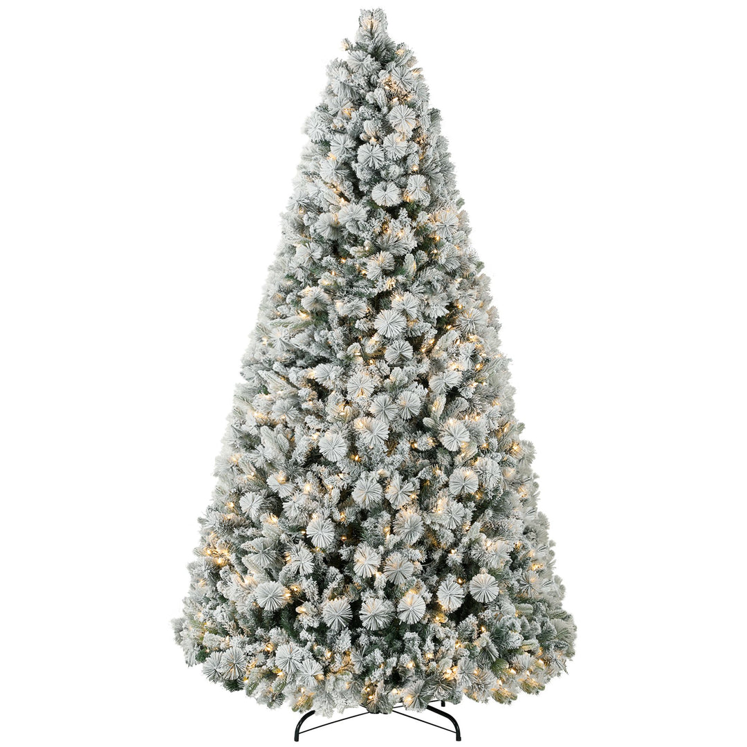 HOMCOM 9 ft Prelit Christmas Tree with 750 Clear Lights, Flocked, 2387 Tips, Metal Stand for Home Office Holiday