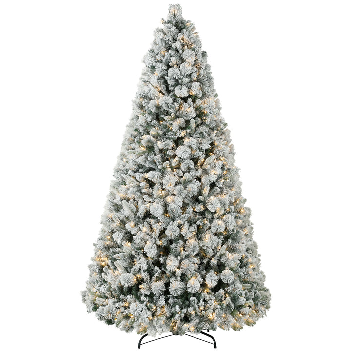 HOMCOM 9 ft Prelit Christmas Tree with 750 Clear Lights, Flocked, 2387 Tips, Metal Stand for Home Office Holiday