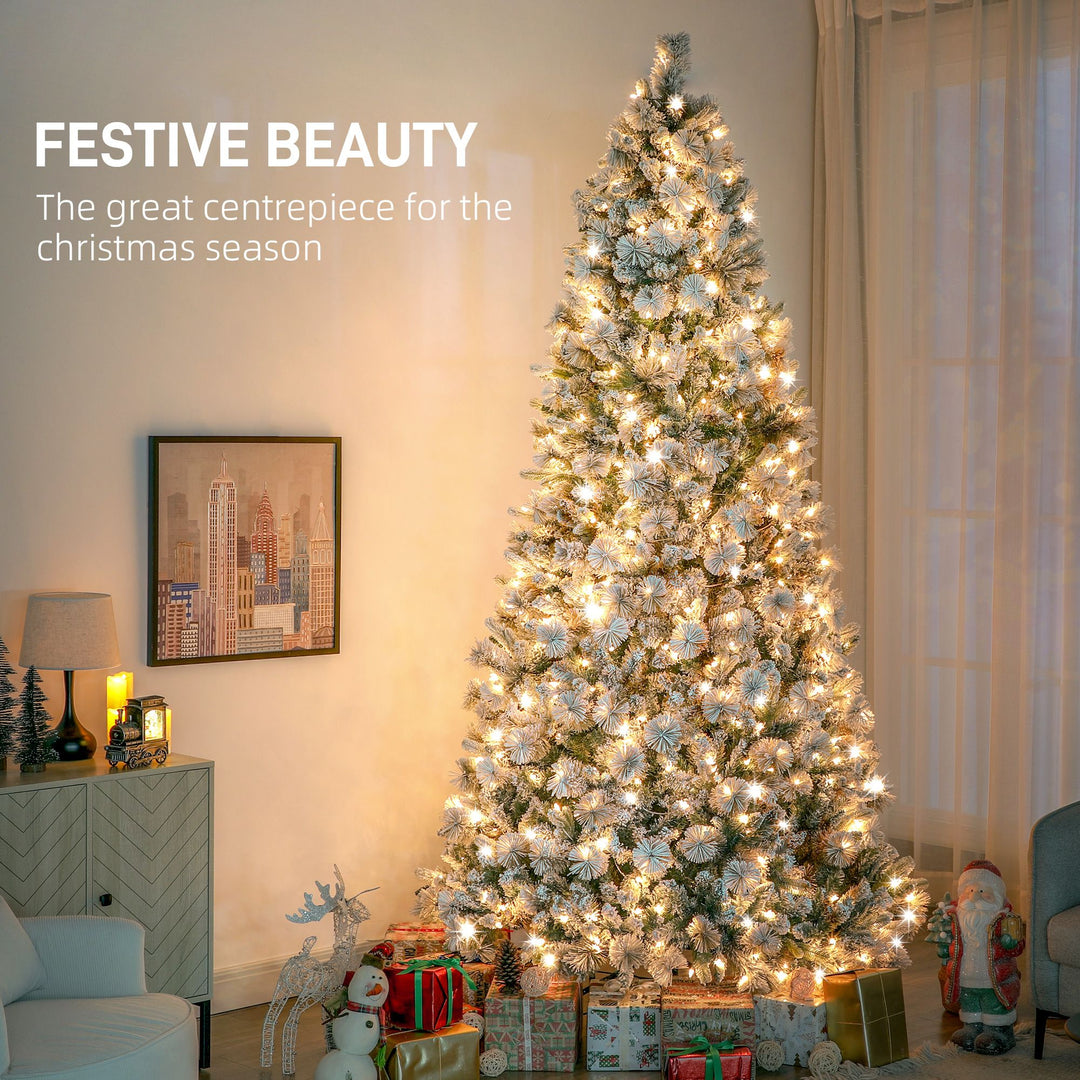 HOMCOM 9 ft Prelit Christmas Tree with 750 Clear Lights, Flocked, 2387 Tips, Metal Stand for Home Office Holiday