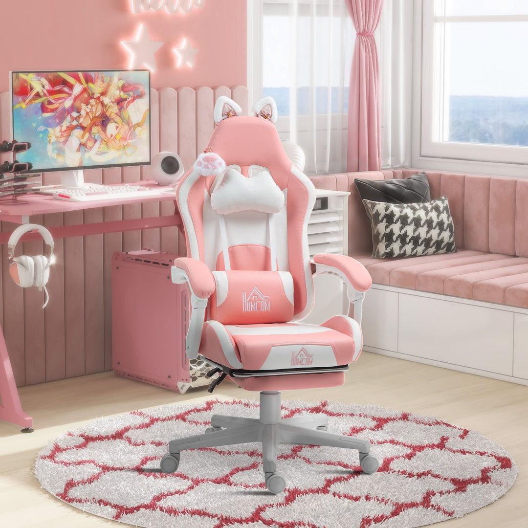 HOMCOM Cute Racing Gamer Chair, Faux Leather Gaming Chair with Footrest, Headrest and Lumbar Support, Pink