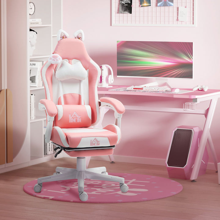 HOMCOM Cute Racing Gamer Chair, Faux Leather Gaming Chair with Footrest, Headrest and Lumbar Support, Pink