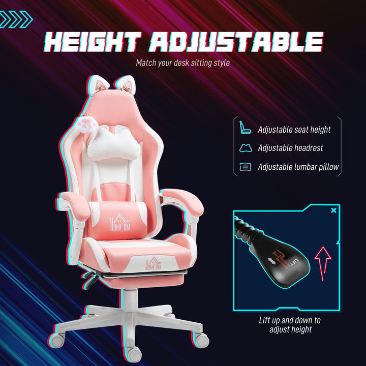 HOMCOM Cute Racing Gamer Chair, Faux Leather Gaming Chair with Footrest, Headrest and Lumbar Support, Pink