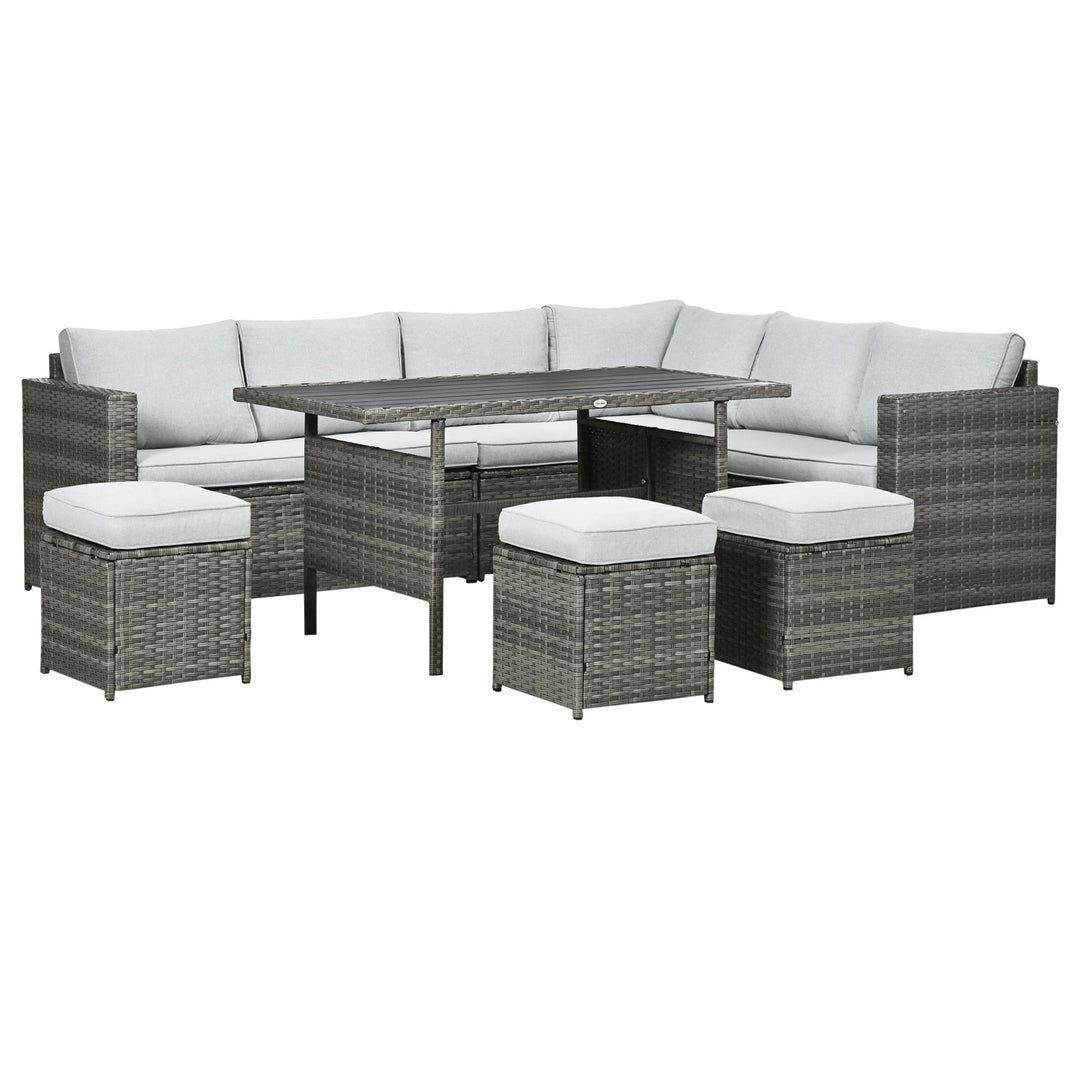 Outsunny 7 PCs Patio Wicker Furniture Set, Outdoor Sectional Furniture Conversation Sofa Set with Wood Grain Plastic Top Table, Mixed Gray