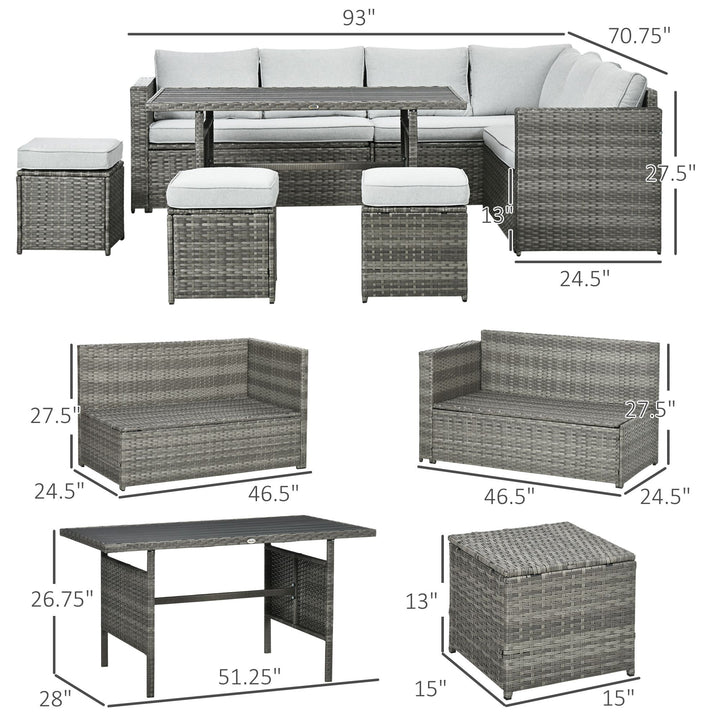 Outsunny 7 PCs Patio Wicker Furniture Set, Outdoor Sectional Furniture Conversation Sofa Set with Wood Grain Plastic Top Table, Mixed Gray
