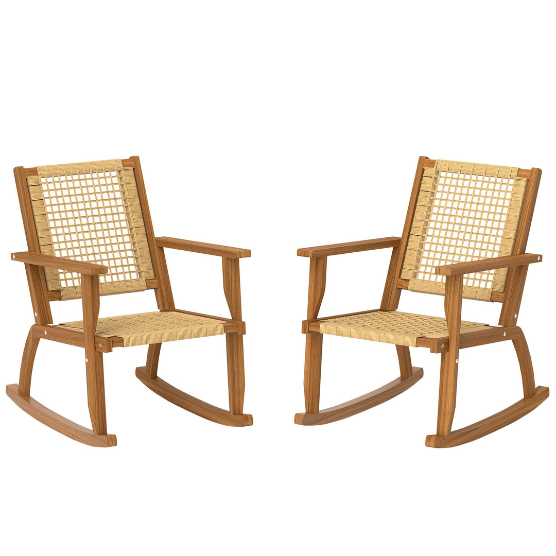 Outsunny Outdoor Lawn Rocking Chair Set of 2, Acacia Wood Patio Rocking Chairs with Wicker Back and Seat for Garden, Khaki