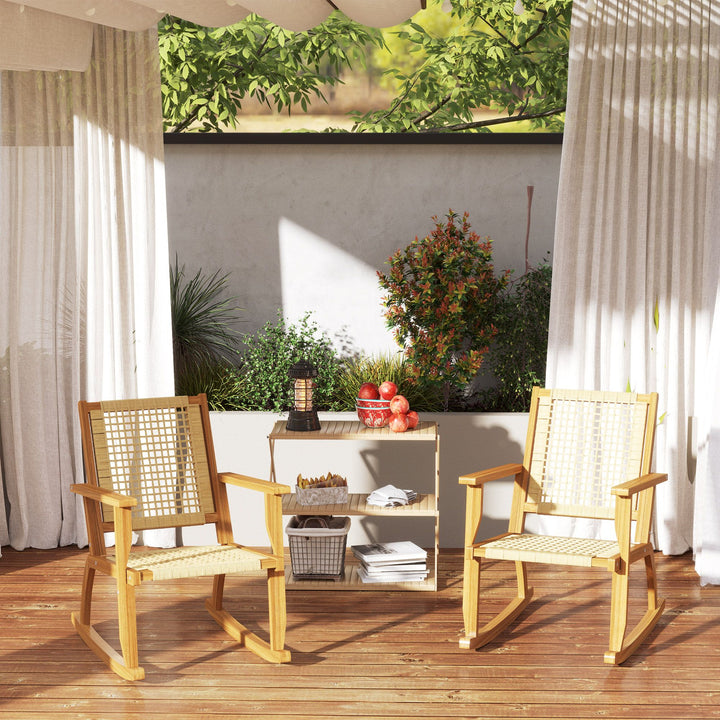 Outsunny Outdoor Lawn Rocking Chair Set of 2, Acacia Wood Patio Rocking Chairs with Wicker Back and Seat for Garden, Khaki