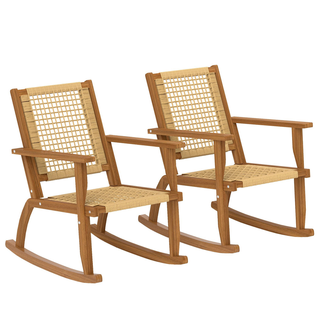 Outsunny Outdoor Lawn Rocking Chair Set of 2, Acacia Wood Patio Rocking Chairs with Wicker Back and Seat for Garden, Khaki