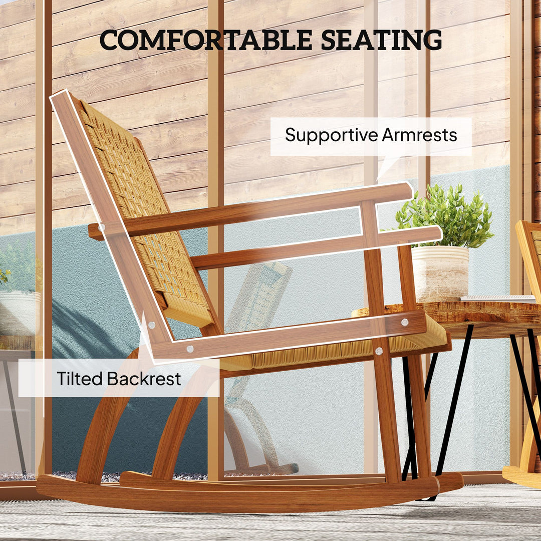 Outsunny Outdoor Lawn Rocking Chair Set of 2, Acacia Wood Patio Rocking Chairs with Wicker Back and Seat for Garden, Khaki