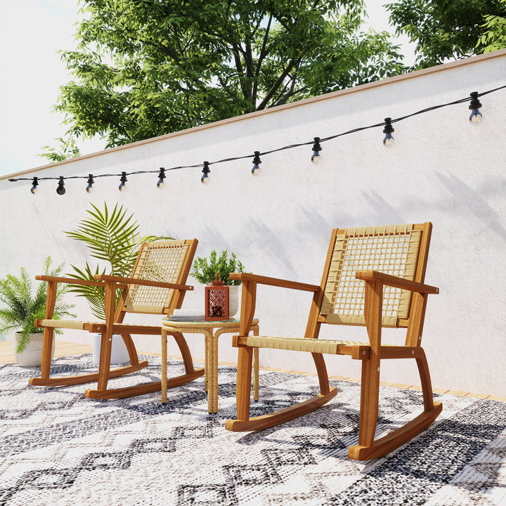 Outsunny Outdoor Lawn Rocking Chair Set of 2, Acacia Wood Patio Rocking Chairs with Wicker Back and Seat for Garden, Khaki