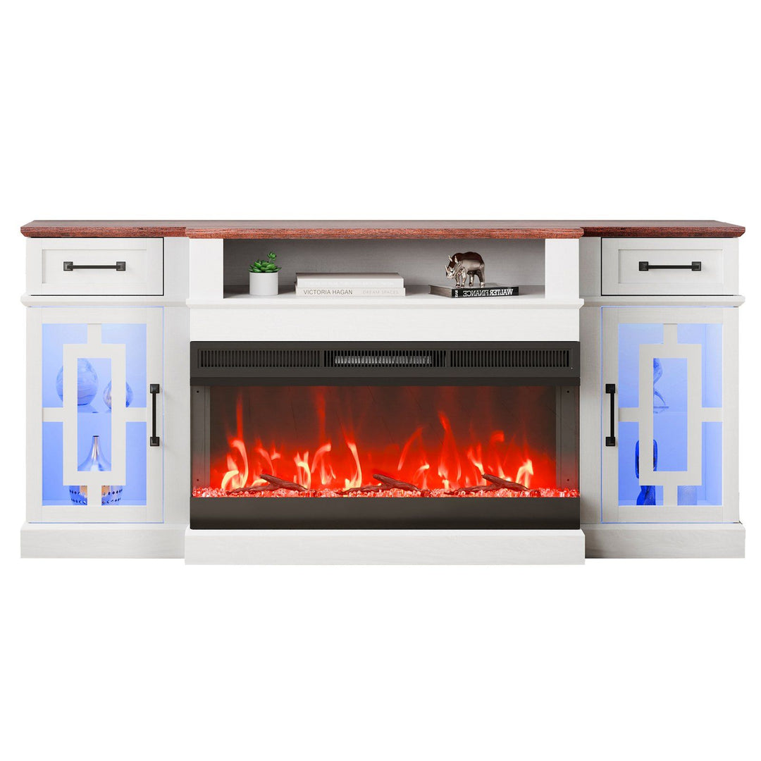 VEVOR 80 in Fireplace TV Stand 20 LED Lights Remote Control & Timer Brown+White