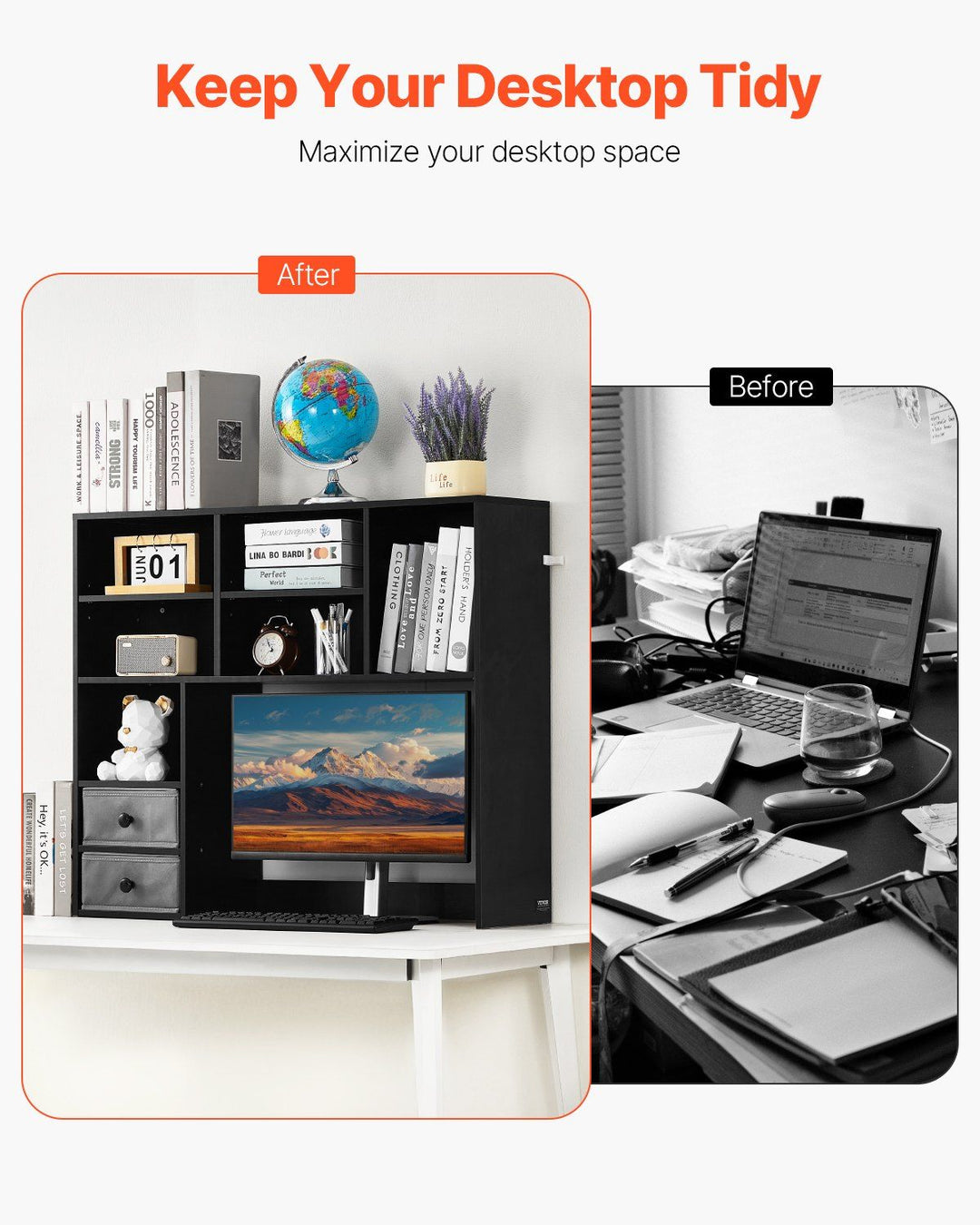 VEVOR Desktop Bookshelf, 3-Tier Desktop Storage Organizer, 37" x 10" x 31.1" Office Storage Rack Wood Display Shelf, Desktop Bookshelf Hutch with Two Fabric Drawers, for Office, Home & Dorm, Black