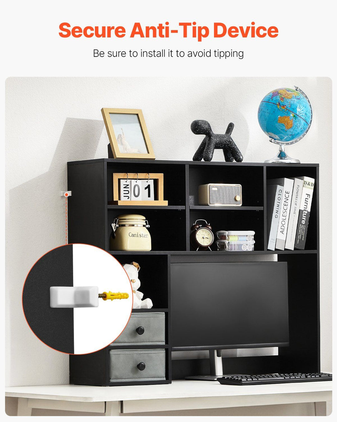 VEVOR Desktop Bookshelf, 3-Tier Desktop Storage Organizer, 37" x 10" x 31.1" Office Storage Rack Wood Display Shelf, Desktop Bookshelf Hutch with Two Fabric Drawers, for Office, Home & Dorm, Black