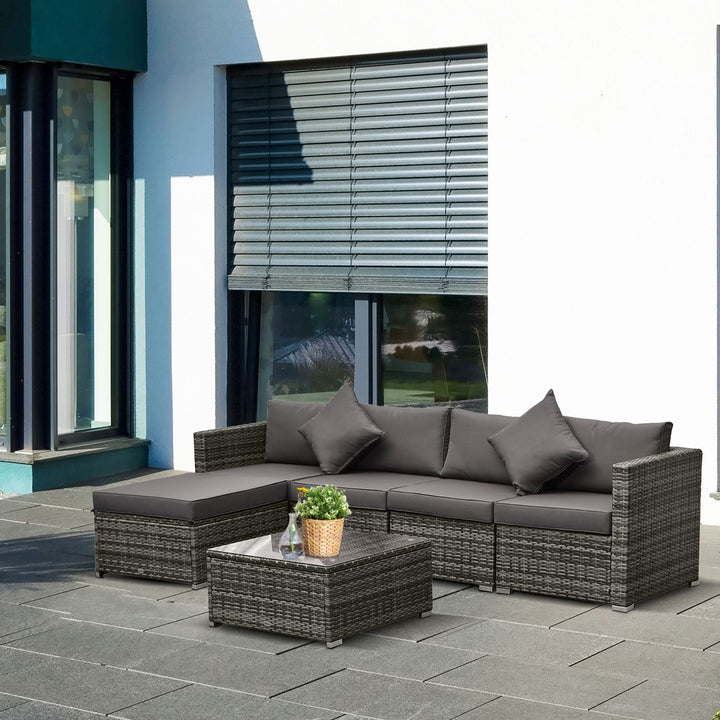 Outsunny 6PC Outdoor Rattan Sofa Set Charcoal Cushions Wicker Sectional Patio Furniture with Ottoman & Coffee Table