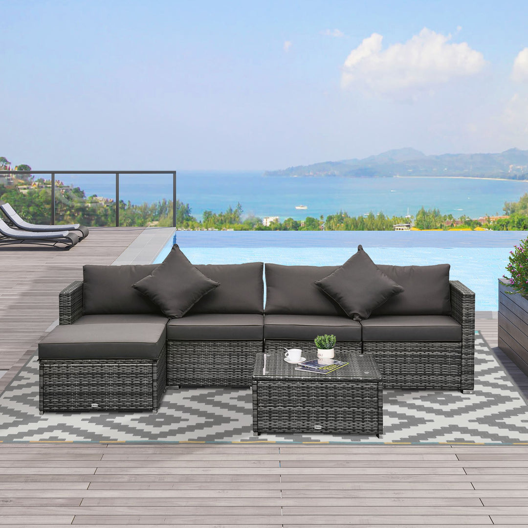 Outsunny 6PC Outdoor Rattan Sofa Set Charcoal Cushions Wicker Sectional Patio Furniture with Ottoman & Coffee Table