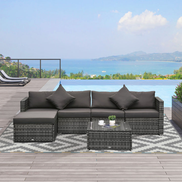 Outsunny 6PC Outdoor Rattan Sofa Set Charcoal Cushions Wicker Sectional Patio Furniture with Ottoman & Coffee Table