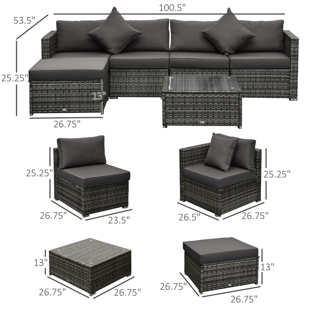 Outsunny 6PC Outdoor Rattan Sofa Set Charcoal Cushions Wicker Sectional Patio Furniture with Ottoman & Coffee Table