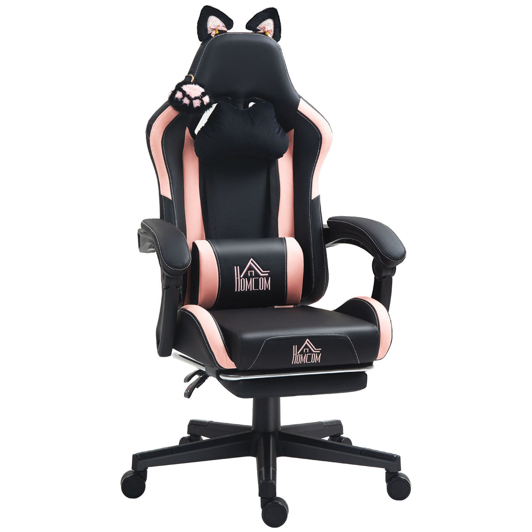 HOMCOM Cute Racing Gamer Chair, Faux Leather Gaming Chair with Footrest, Headrest and Lumbar Support, Black