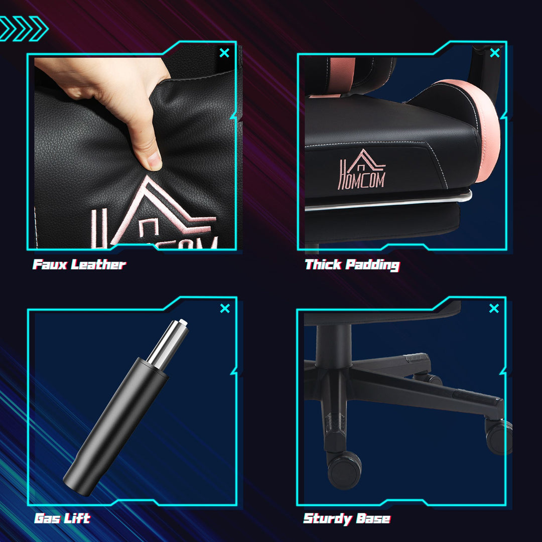 HOMCOM Cute Racing Gamer Chair, Faux Leather Gaming Chair with Footrest, Headrest and Lumbar Support, Black