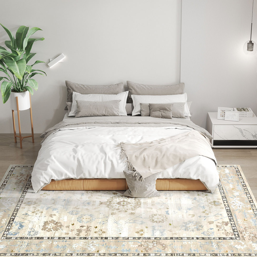 HOMCOM 9x12 Area Rug, Indoor Boho Machine Washable Carpet for Living Room, Bedroom, Dining Room, Kitchen, Blue