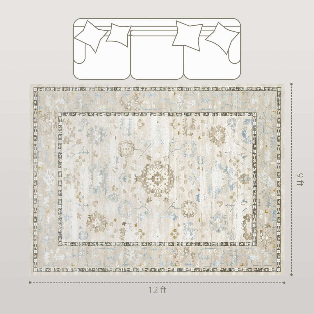 HOMCOM 9x12 Area Rug, Indoor Boho Machine Washable Carpet for Living Room, Bedroom, Dining Room, Kitchen, Blue