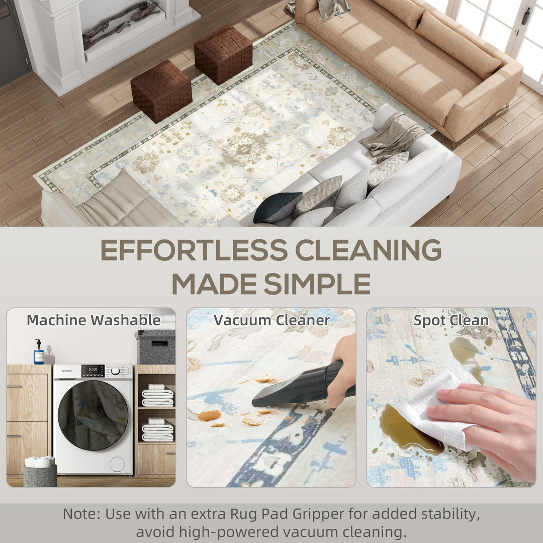 HOMCOM 9x12 Area Rug, Indoor Boho Machine Washable Carpet for Living Room, Bedroom, Dining Room, Kitchen, Blue